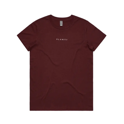 Maroon t-shirt.