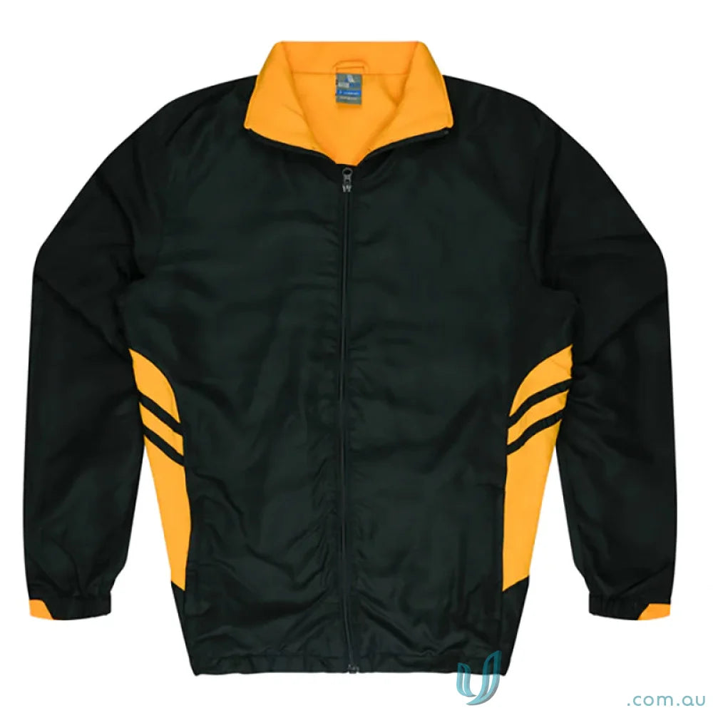 Black and gold Tasman Kids Tracktops jacket, perfect for kids’ uniforms or workwear