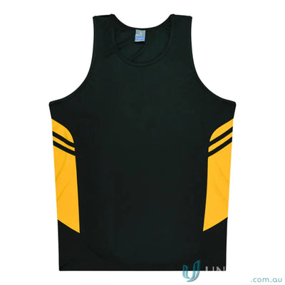 Black and gold Tasman Ladies Singlet athletic tank top made of comfy fabric with a sleek neck