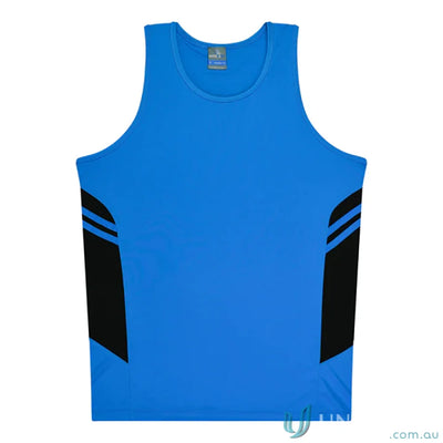 Tasman Ladies Singlet with blue and black fabric and stylish neck for sports uniforms