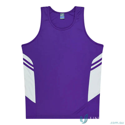 Purple and white Tasman Ladies Singlet with breathable fabric and stylish neck design