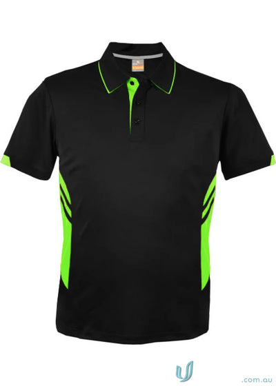 Black thames dark polo shirt with neon green accents on collar placket and sides perfect for work uniforms and workwear