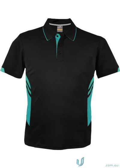 Black Thames dark polo shirt with teal collar and side accents perfect for work uniforms and uniforms workwear
