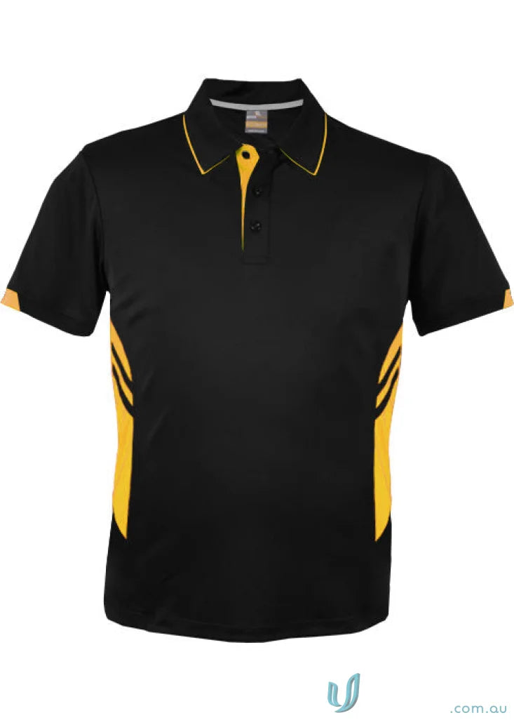 Black Thames dark polo shirt with yellow trim and bold diagonal stripes perfect for workwear uniforms