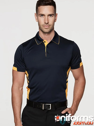 Navy blue and yellow performance polo shirt with contrasting trim perfect for work uniforms and durable workwear