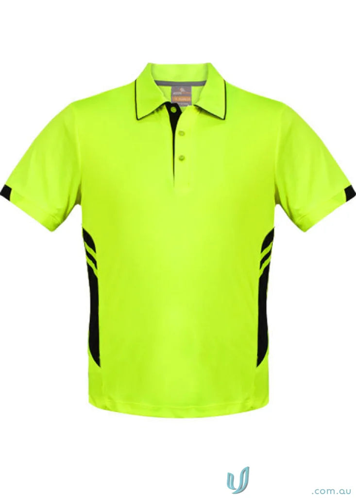 Neon yellow Tasman Polo with black accents, perfect for workwear and uniforms