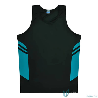 Black and teal Tasman Singlet athletic tank top for uniforms and workwear