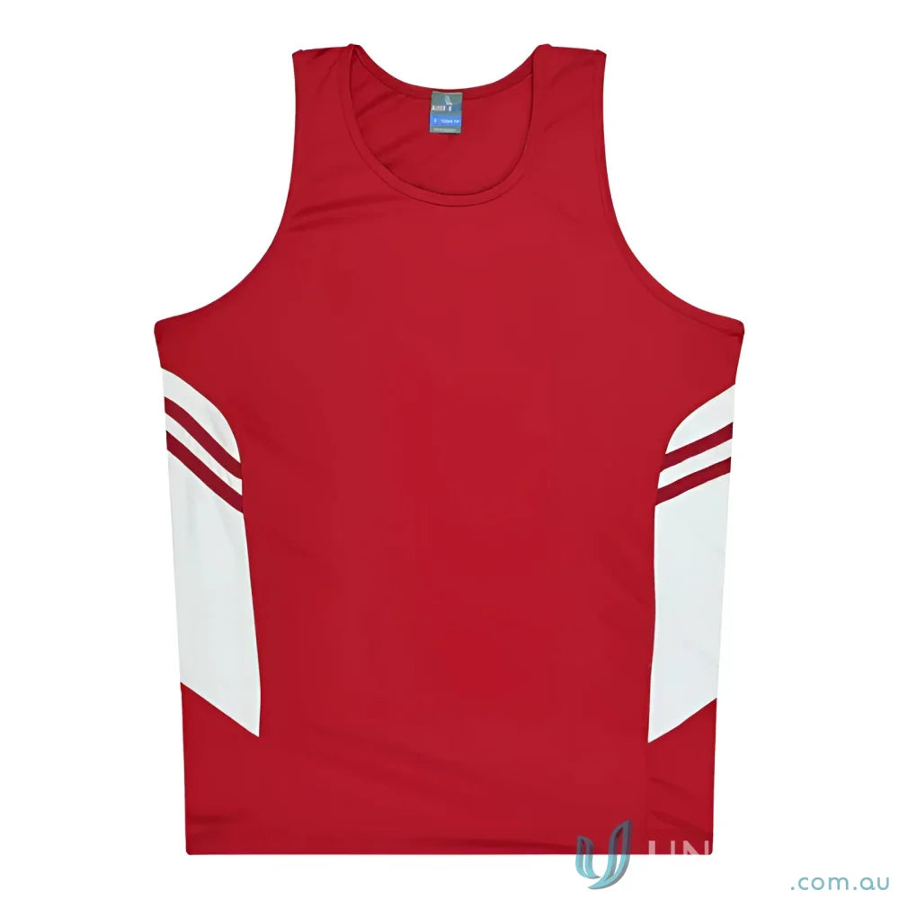 Red and white Tasman Singlet athletic tank top perfect for uniforms or workwear casuals