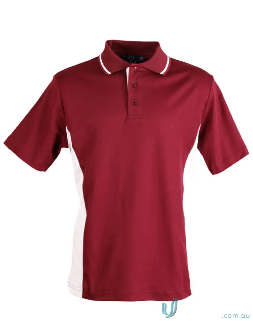 Maroon and white contrast short sleeve polo from Winning Spirit Team Mate Polo collection