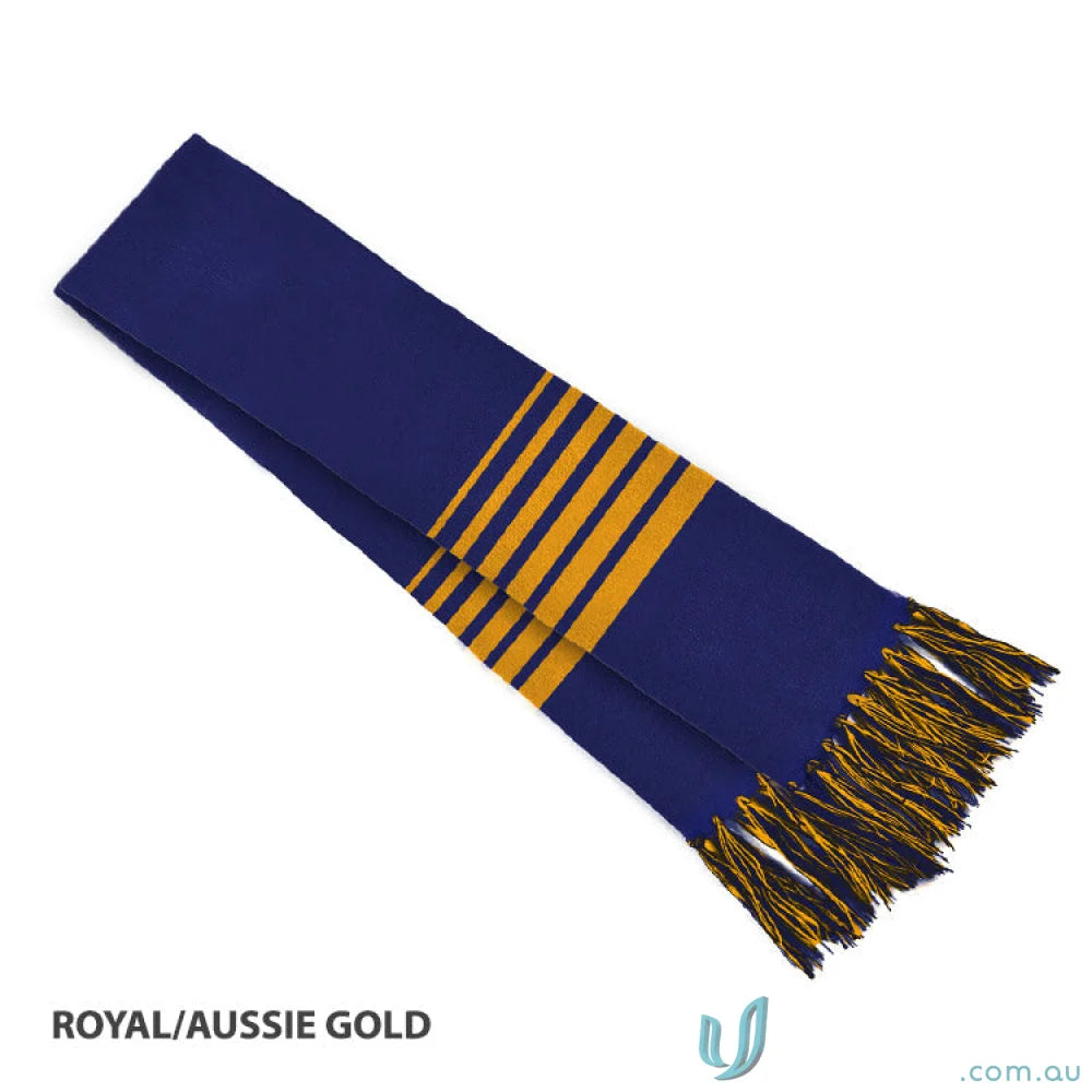 Royal blue and gold striped scarf with tassels perfect for team uniforms or workwear