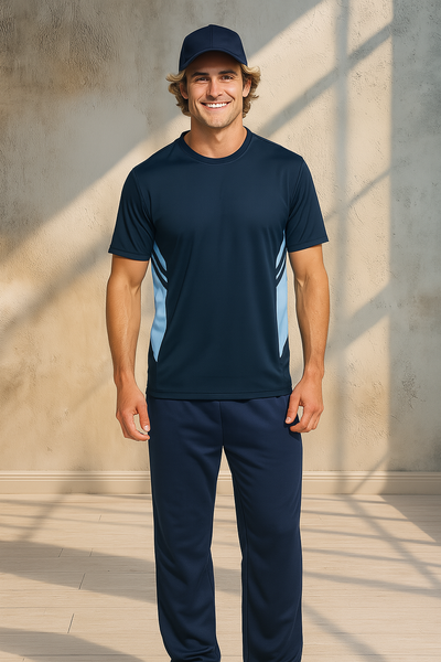 Thames Dark Tee navy athletic shirt with light blue stripes on sides