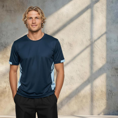 Thames Dark Tee navy athletic t-shirt with light blue panels fabric