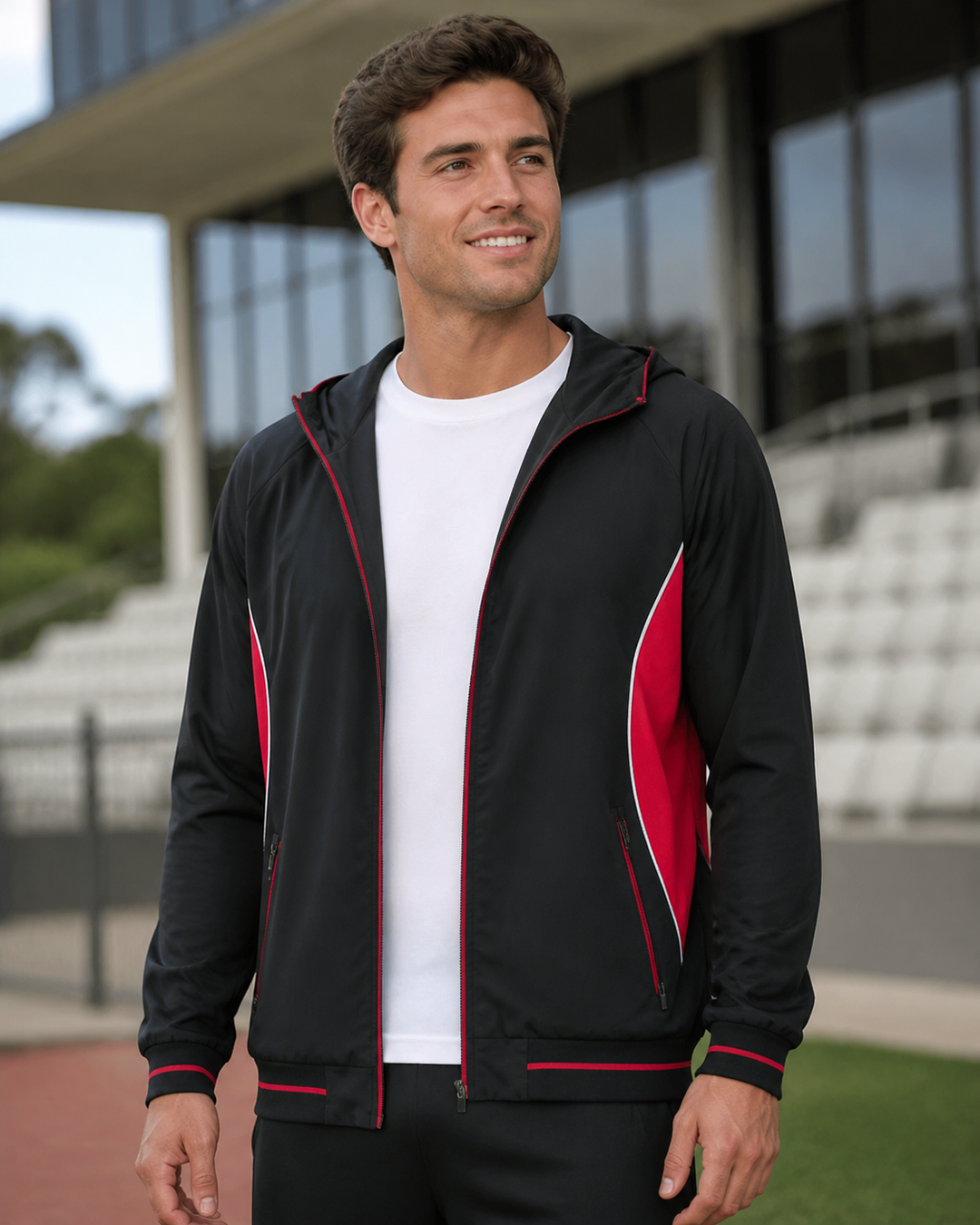 Titan Men's Team Jacket black and red on Australian male model