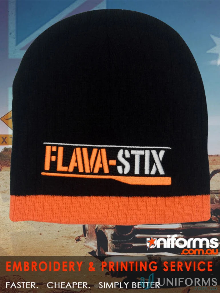 Black and orange cable knit beanie for women, stylish knit beanie for winter warmth