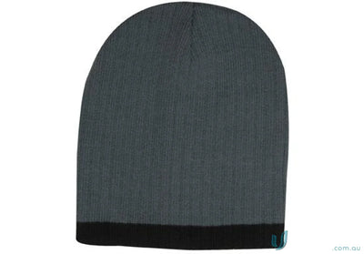 Gray knit beanie with black brim, stylish cable knit beanie for winter warmth