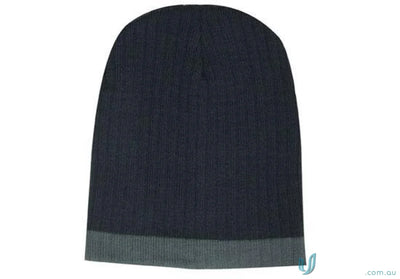 Dark blue cable knit beanie with gray brim, perfect cozy knit beanie for winter
