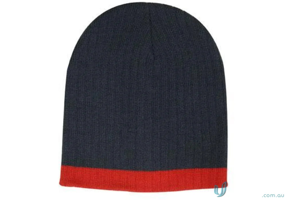 Stylish navy and red cable knit beanie, perfect knit beanie for chilly days
