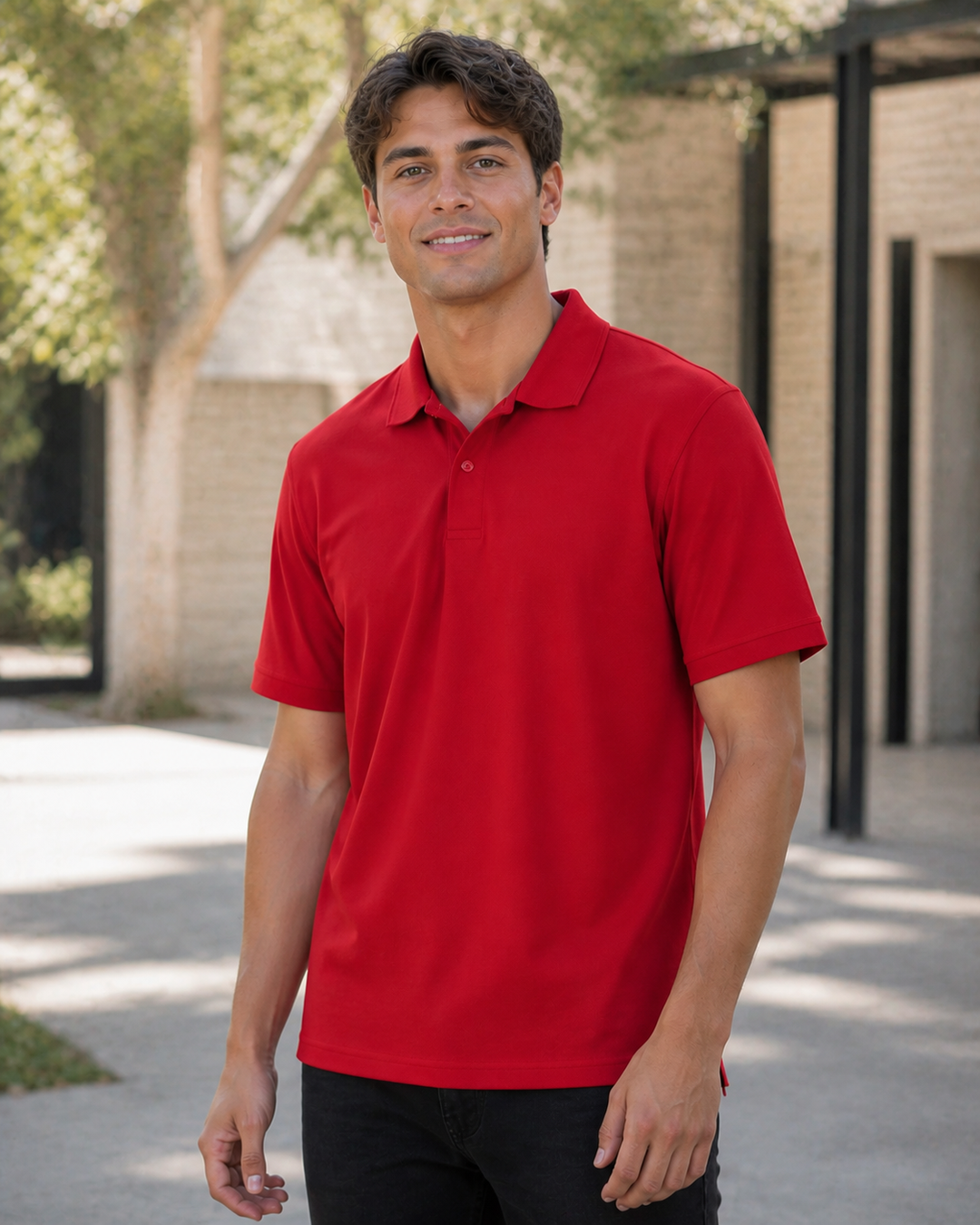 Male model wearing red Traditional Unisex Polo
