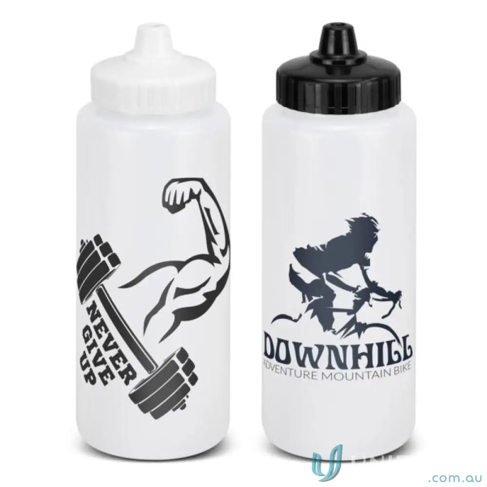 Two white Trek bottles with jet stream caps for merchandise sales and outdoor adventures