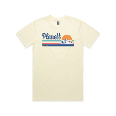 Cream-colored t-shirt with a mountain graphic.