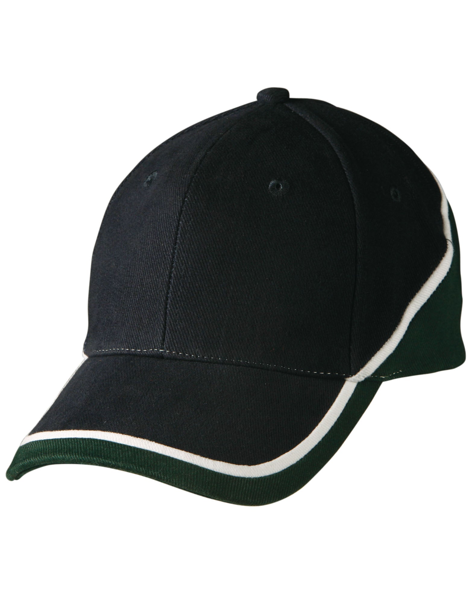 Black Tri-Colour Baseball Cap with white dark green trim ch38 tri contrast