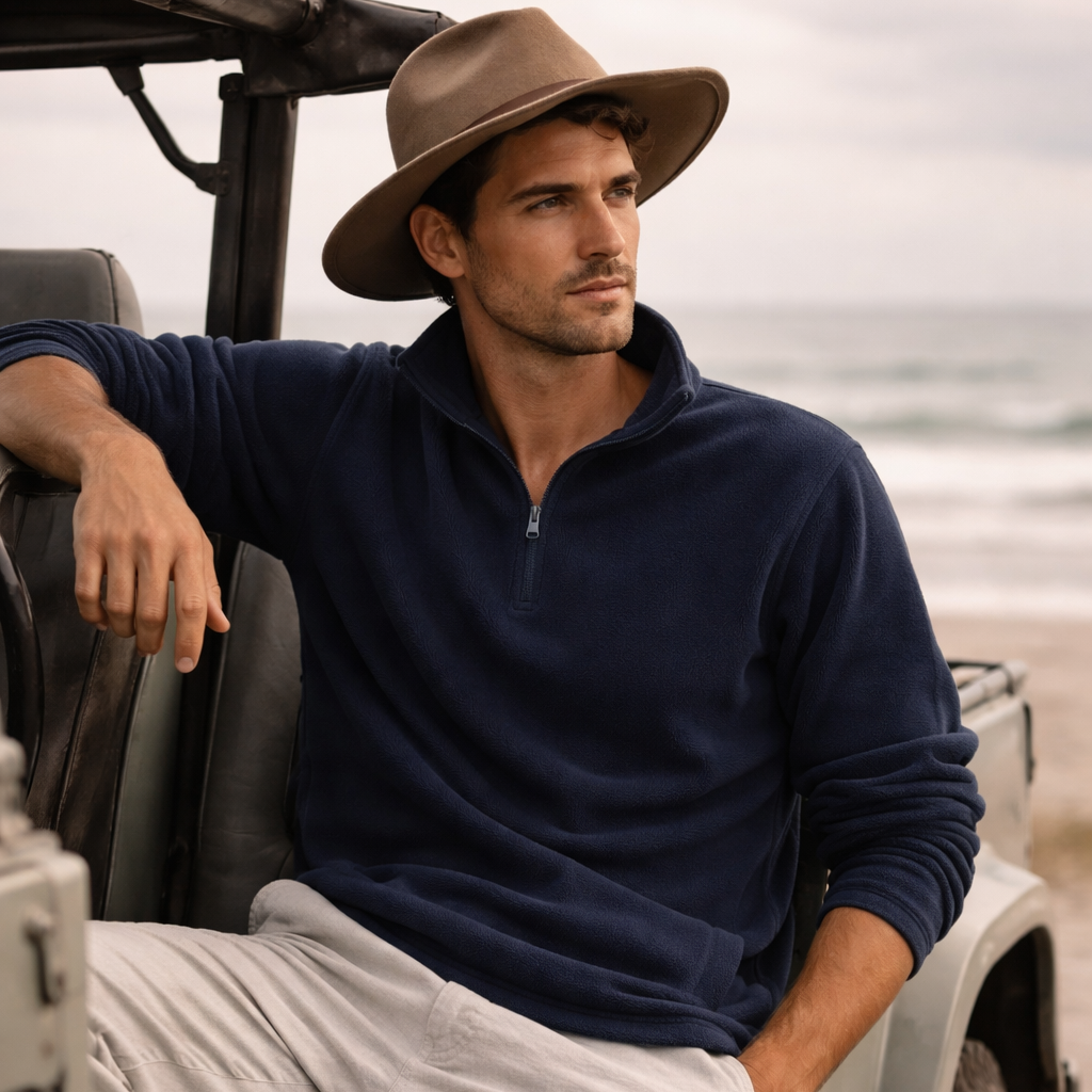 Man in navy blue Biz Collection Trinity half zip with concealed pockets