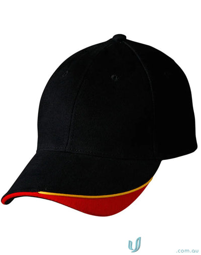 Black Triple Sandwich Peak Cap with red and yellow brim made of heavy brushed cotton