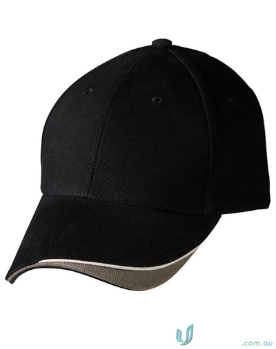 Black triple sandwich peak cap with gray trim made of heavy brushed cotton