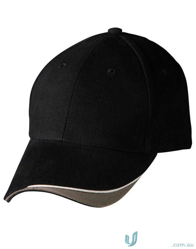 Black triple sandwich peak cap with gray trim made of heavy brushed cotton