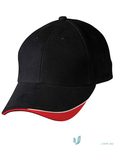 Black Triple Sandwich Peak Cap with red and white trim, made from heavy brushed cotton