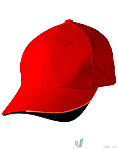 Red Triple Sandwich Peak Cap with black and gold trim made from heavy brushed cotton