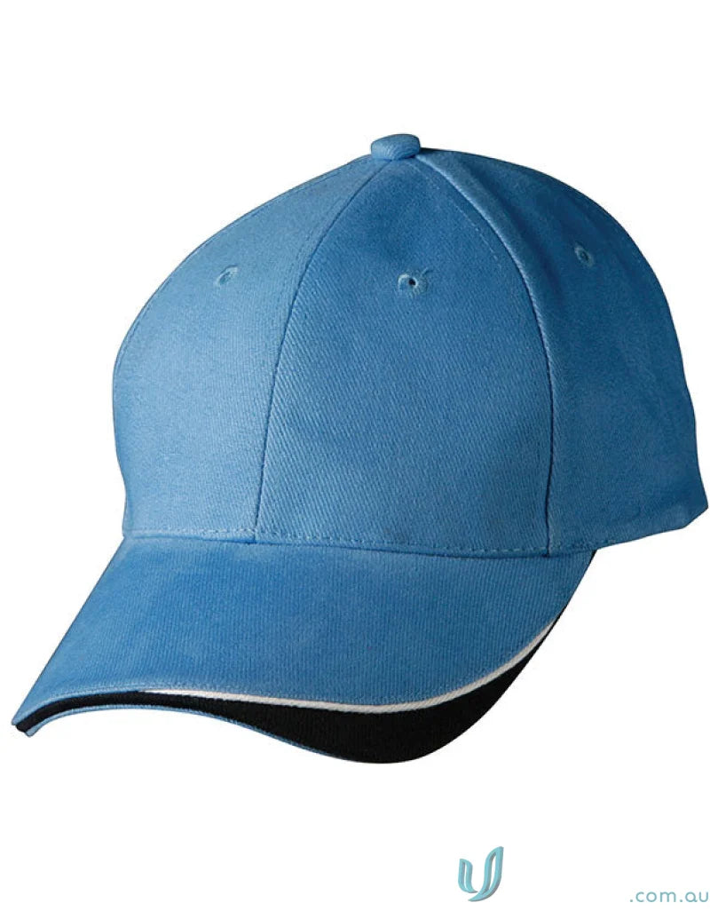 Light blue triple sandwich peak cap made with heavy brushed cotton for casual style