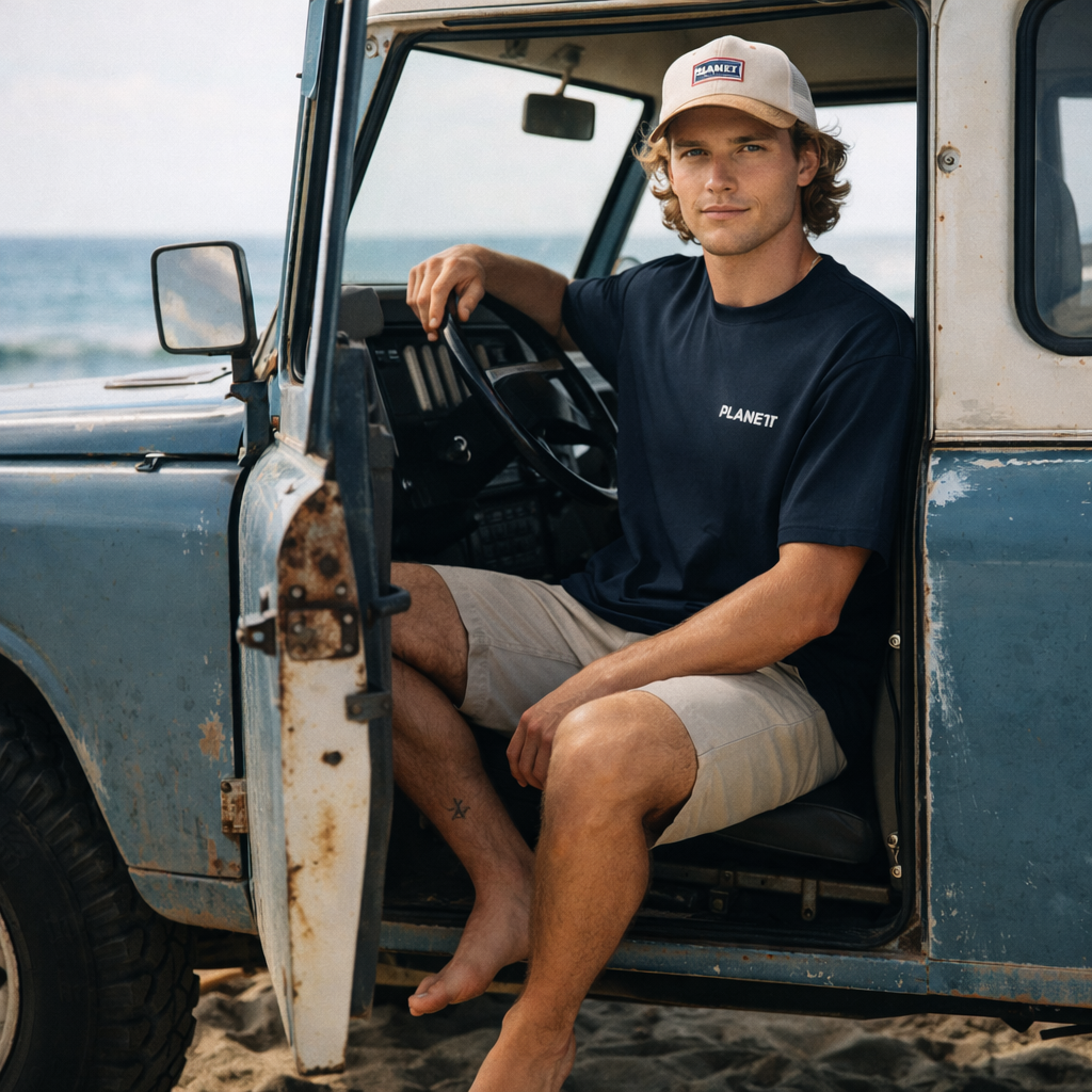 Navy blue truck oversize tee with planet embroidery perfect for casual workwear and comfortable uniforms