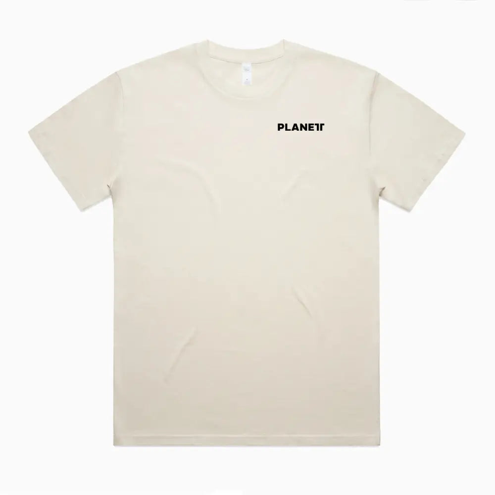 Beige short-sleeved truck oversize tee with black planet logo perfect for casual workwear and comfortable work uniforms