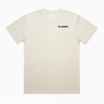 Beige short-sleeved truck oversize tee with black planet logo perfect for casual workwear and comfortable work uniforms