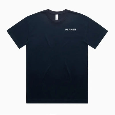 Black short-sleeved truck oversize tee with subtle white planet logo perfect for casual workwear and uniforms
