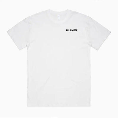 White short-sleeved truck oversize tee with minimalist black planet logo ideal for casual workwear uniforms