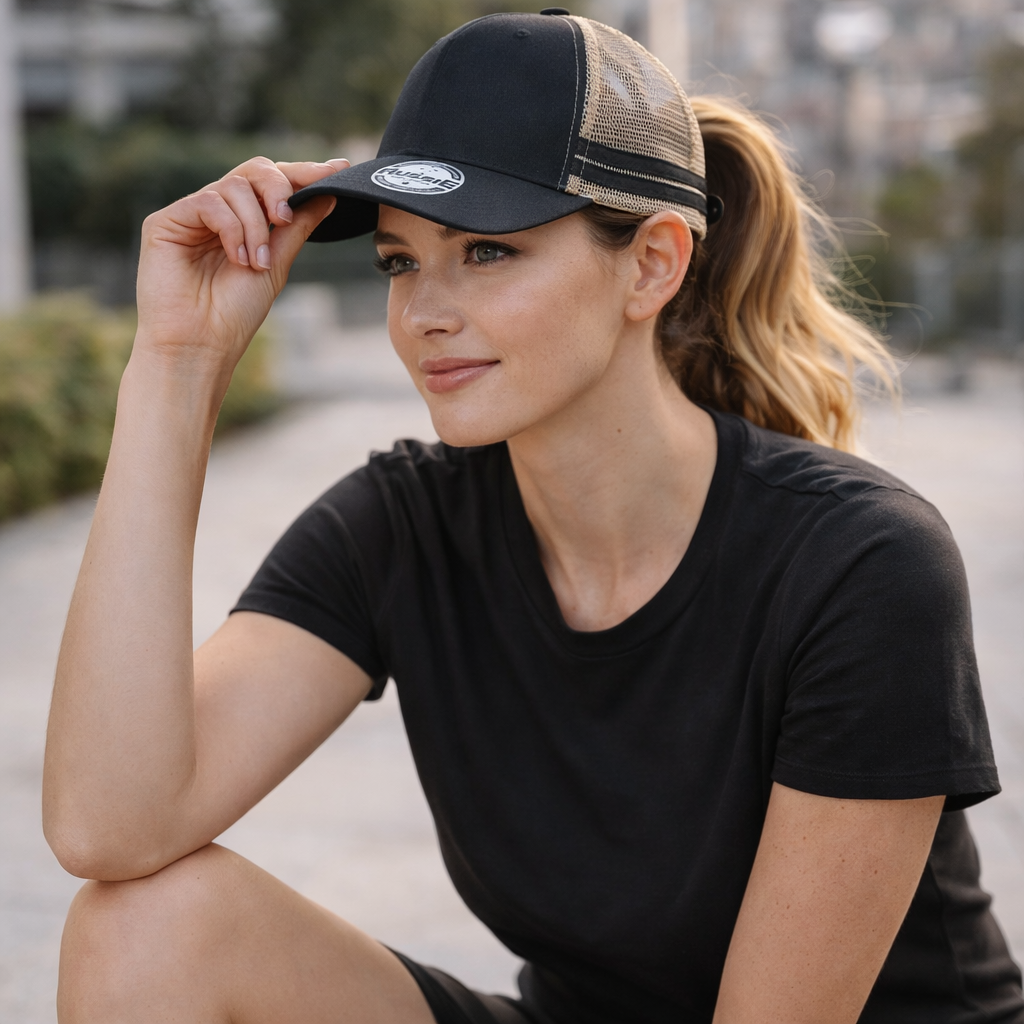 Black and tan mesh trucker ponytail cap with white logo perfect for workwear and uniforms in warm conditions