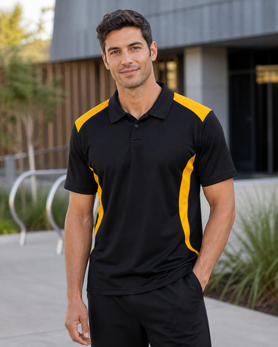 Male model wearing black and gold TrueDry Contrast Polo