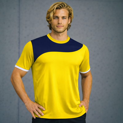 TS126 yellow navy athletic shirt with white sleeve trim, custom sublimated garments