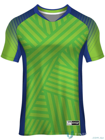 Green and blue patterned athletic shirt in TS132 custom made sublimated sports fabric