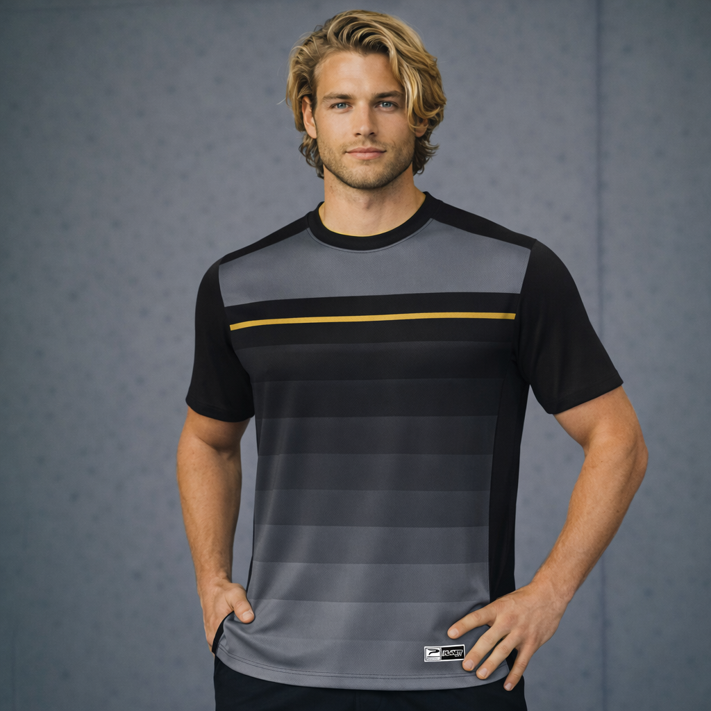 TS134 custom made sublimated t-shirt in black with yellow chest stripe