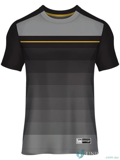 Gray and black striped T-Shirt made with custom made sublimated sports fabric