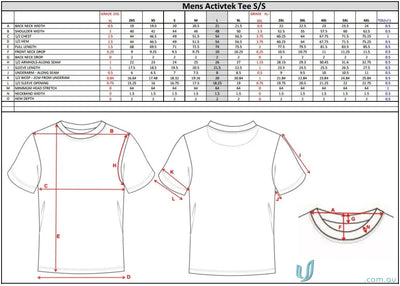 Men’s T-Shirt Size Chart for TS139 Custom Made Sublimated Sports Fabric T-Shirts