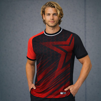 TS142 red black custom made sublimated jersey with star on sports fabric