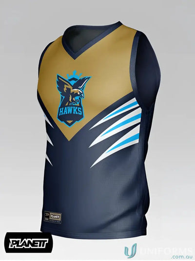 Navy blue and gold sleeveless afl101 custom afl guernsey with hawk logo hawks text and white light blue stripes perfect for work uniforms