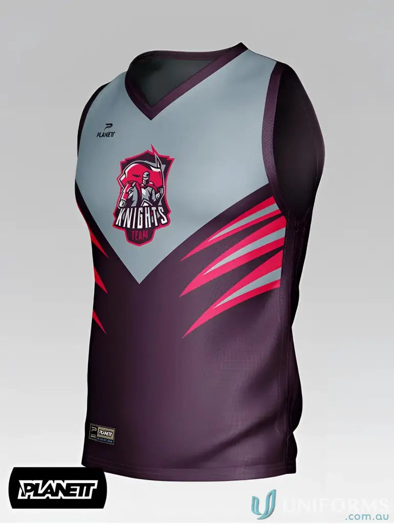 A sleek sleeveless AFL101 custom AFL guernsey in gray purple with pink stripes and knights team logo perfect for uniforms