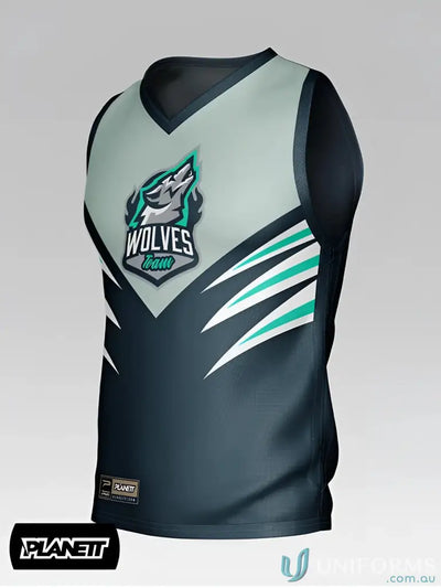 A sleek black and gray sleeveless afl101 custom afl guernsey with a bold teal wolf logo perfect for work uniforms