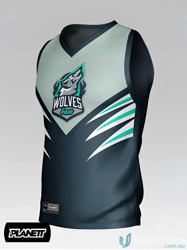 A sleek black and gray sleeveless afl101 custom afl guernsey with a bold teal wolf logo perfect for work uniforms