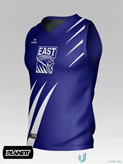 Deep royal blue sleeveless afl102 custom afl guernsey with white stripes and east ringwood fc kangaroo logo perfect for work uniforms
